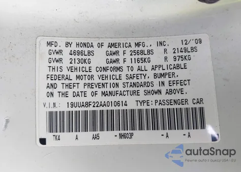 2010 Acura Tl 3.5 из США, поврежденный, VIN 19UUA8F22AA010614